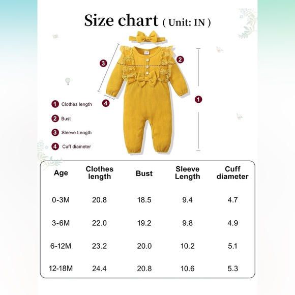 SOLOYEE Baby Girl Romper Ruffled Solid Long Sleeve Jumpsuit 3-6M - Picture 7 of 8